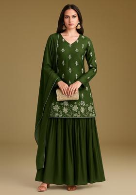 Green Embroidered Satin Kurta Set