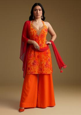 Orange Printed Georgette Sharara Set