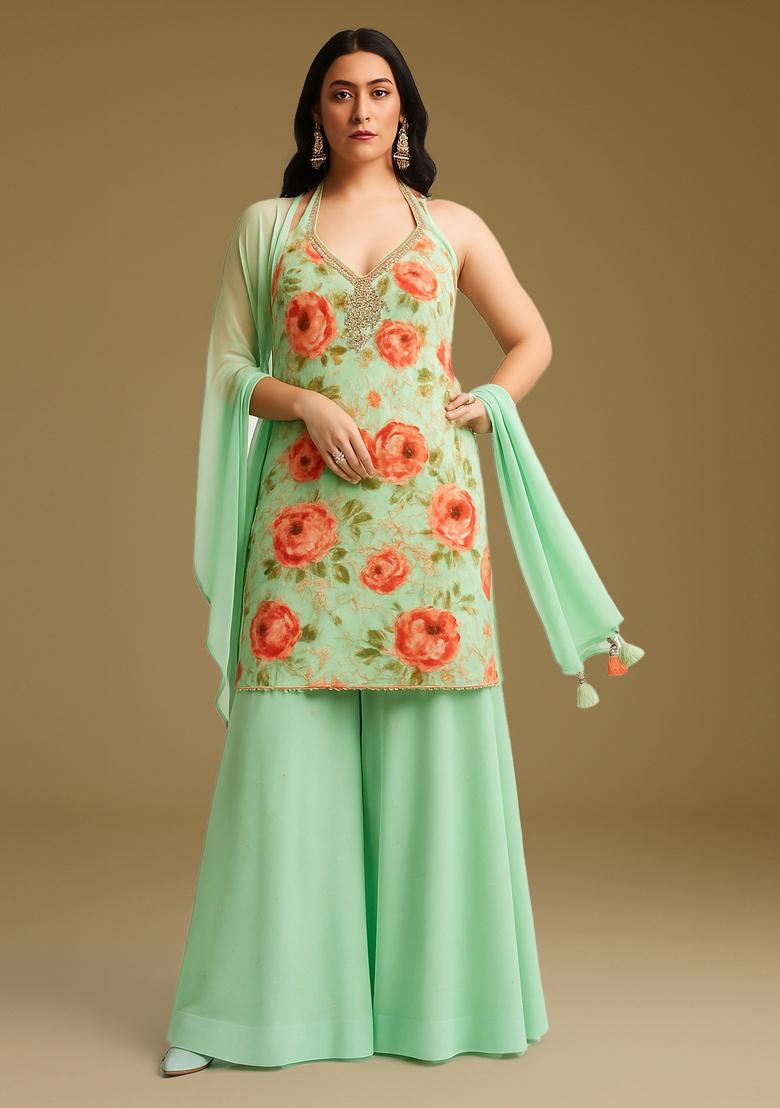 Pista Green Printed Georgette Sharara Set