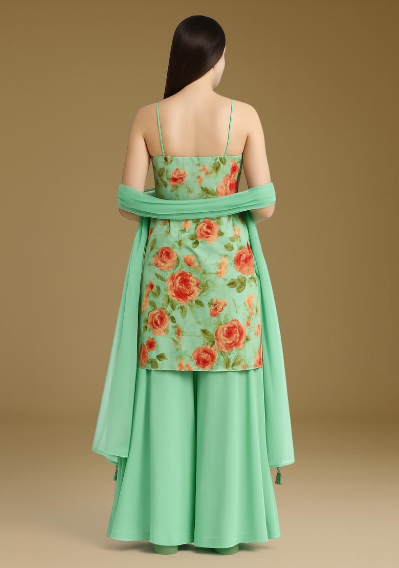 Pista Green Printed Georgette Sharara Set