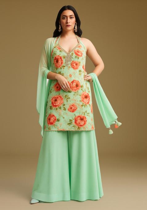Pista Green Printed Georgette Sharara Set
