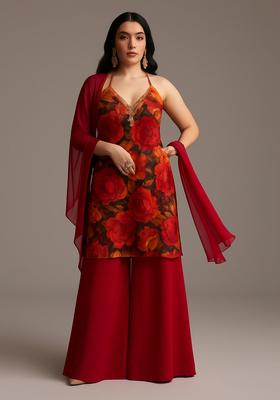 Red Printed Georgette Sharara Set