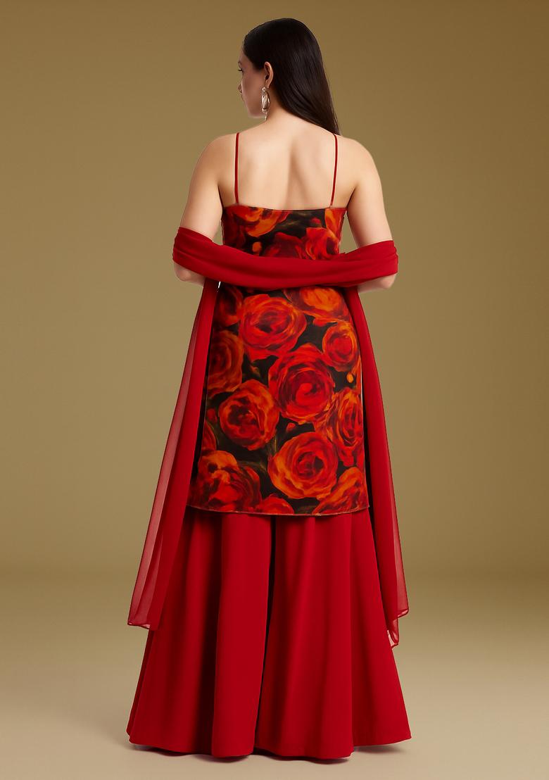 Red Printed Georgette Sharara Set