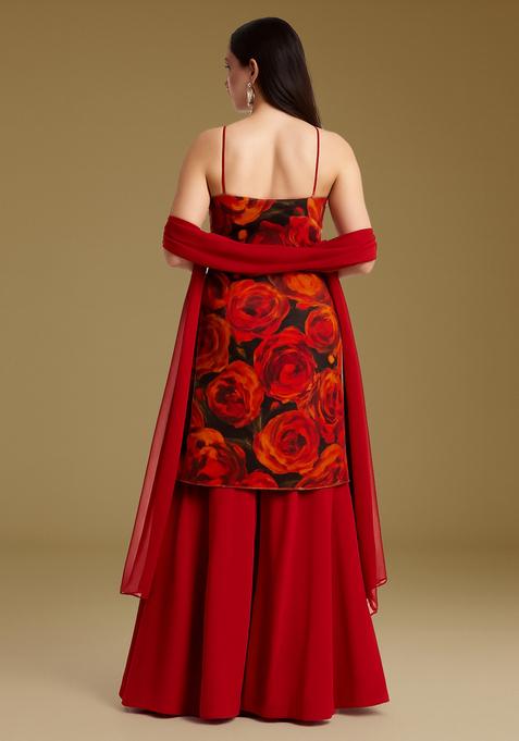 Red Printed Georgette Sharara Set