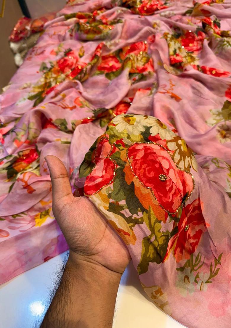 Pink Printed Georgette Sharara Set