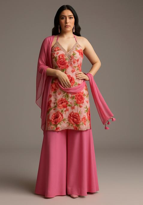 Pink Printed Georgette Sharara Set