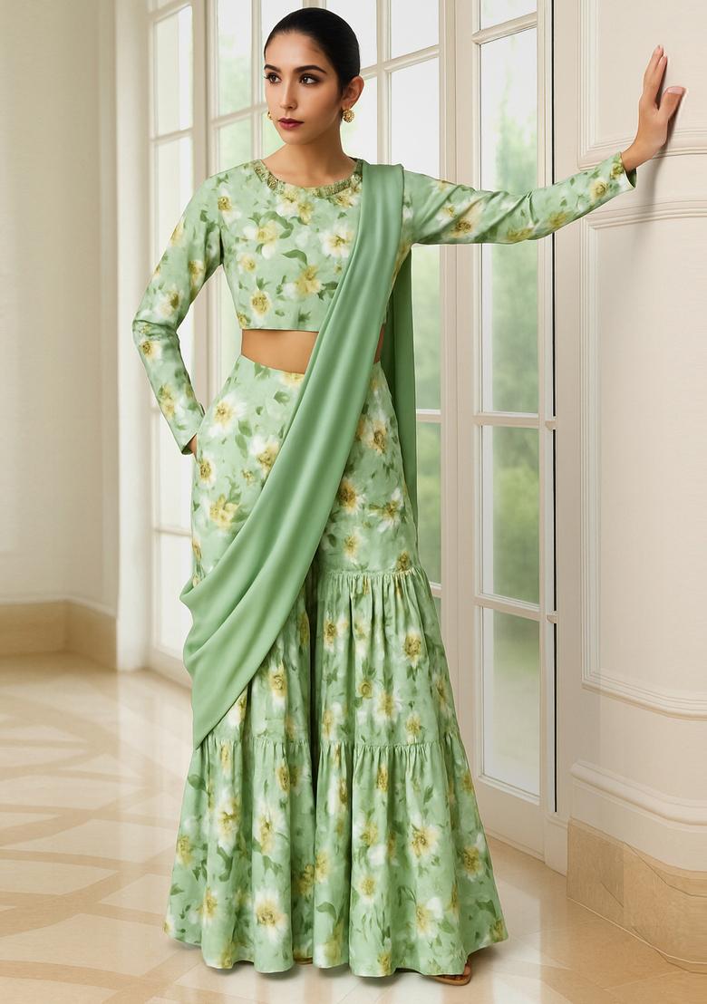 Sea Green Printed Polyester Sharara Set