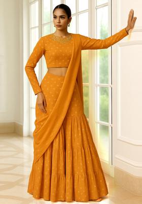 Mustard Yellow Embroidered Tissue Sharara Set