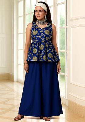 Navy Blue Embroidered Silk Sharara Set