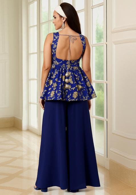 Navy Blue Embroidered Silk Sharara Set