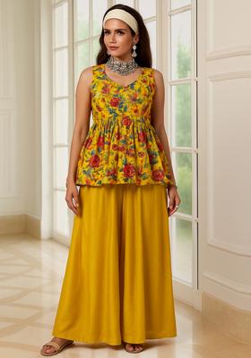 Mustard Yellow Embroidered Organza Sharara Set