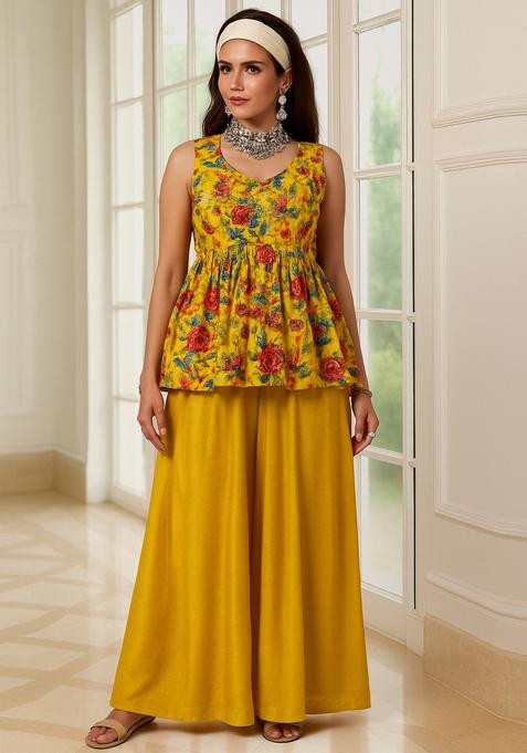 Mustard Yellow Embroidered Organza Sharara Set