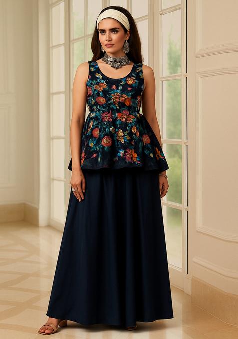 Dark Blue Embroidered Organza Sharara Set