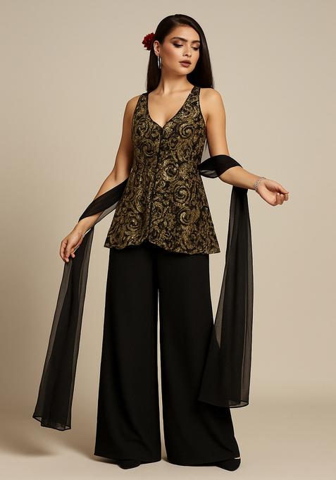 Black Sequin Embellished Net Kurta Set