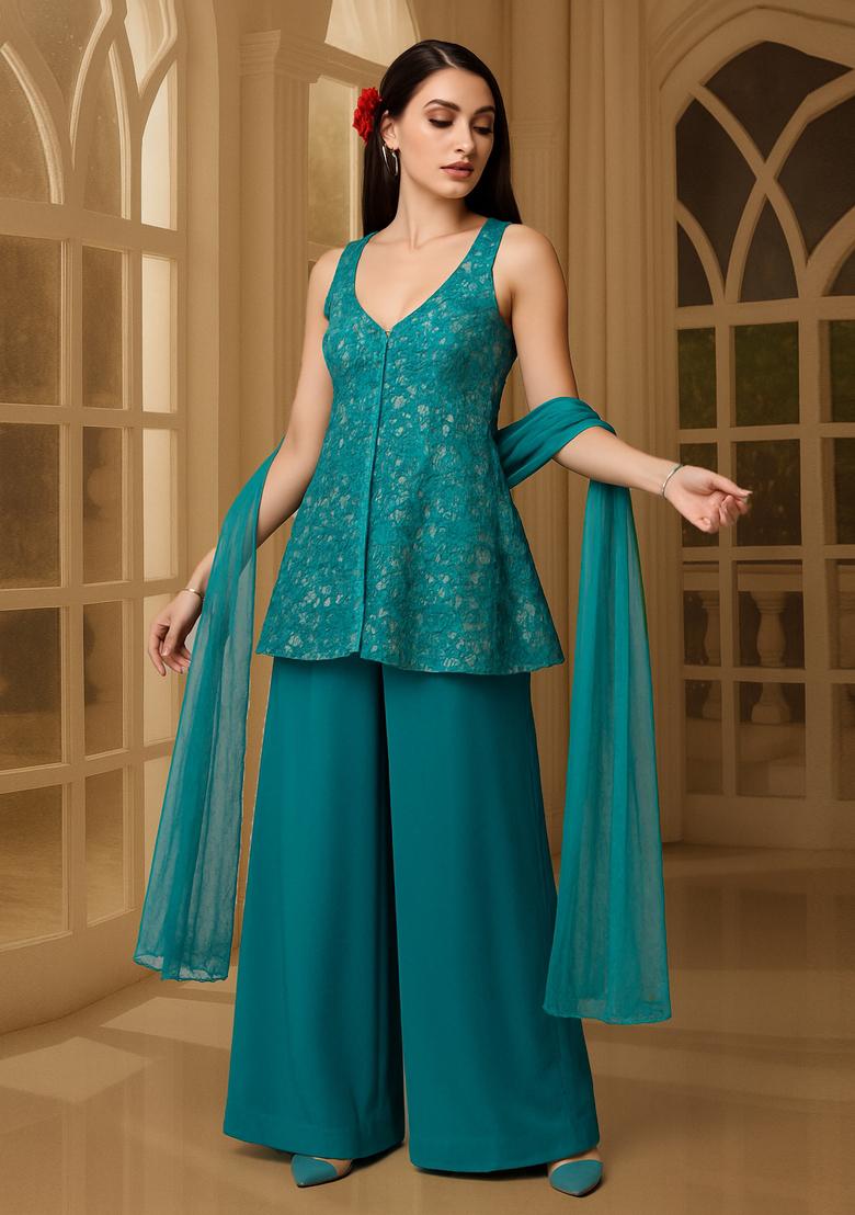 Sea Blue Sequin Embellished Net Kurta Set