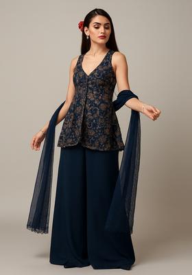 Blue Sequin Embellished Net Kurta Set