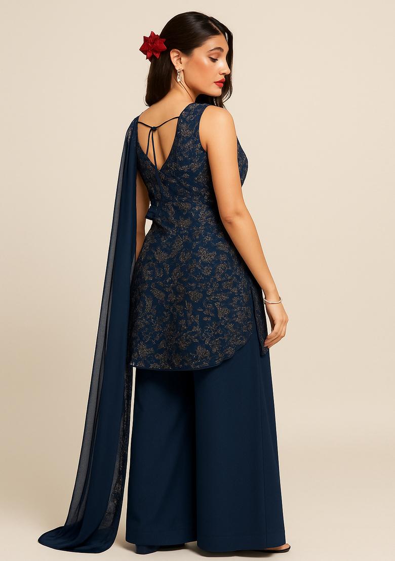 Blue Sequin Embellished Net Kurta Set - Indya