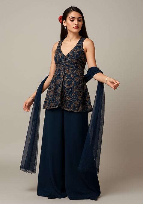Blue Sequin Embellished Net Kurta Set