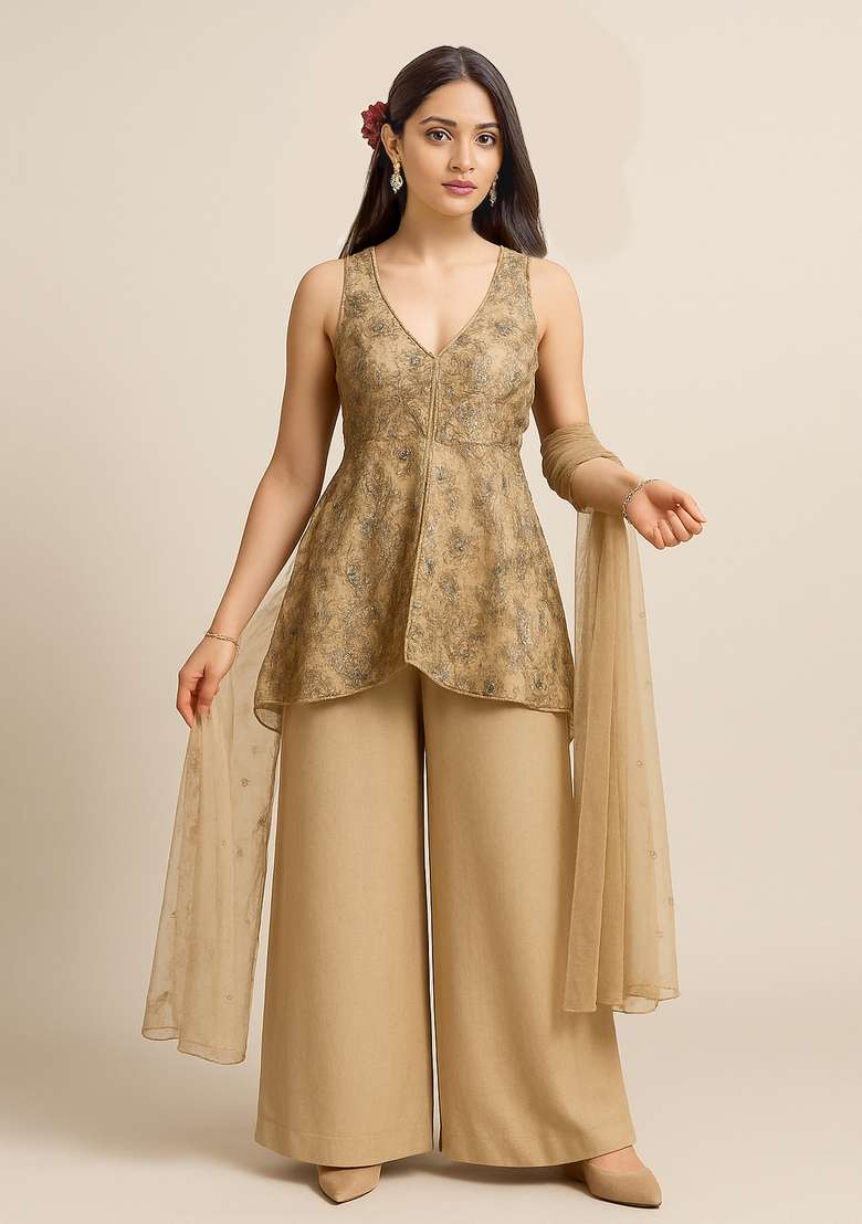 Beige Embellished Net Sharara Set - Indya