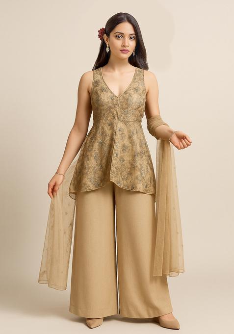 Beige Embellished Net Kurta Set
