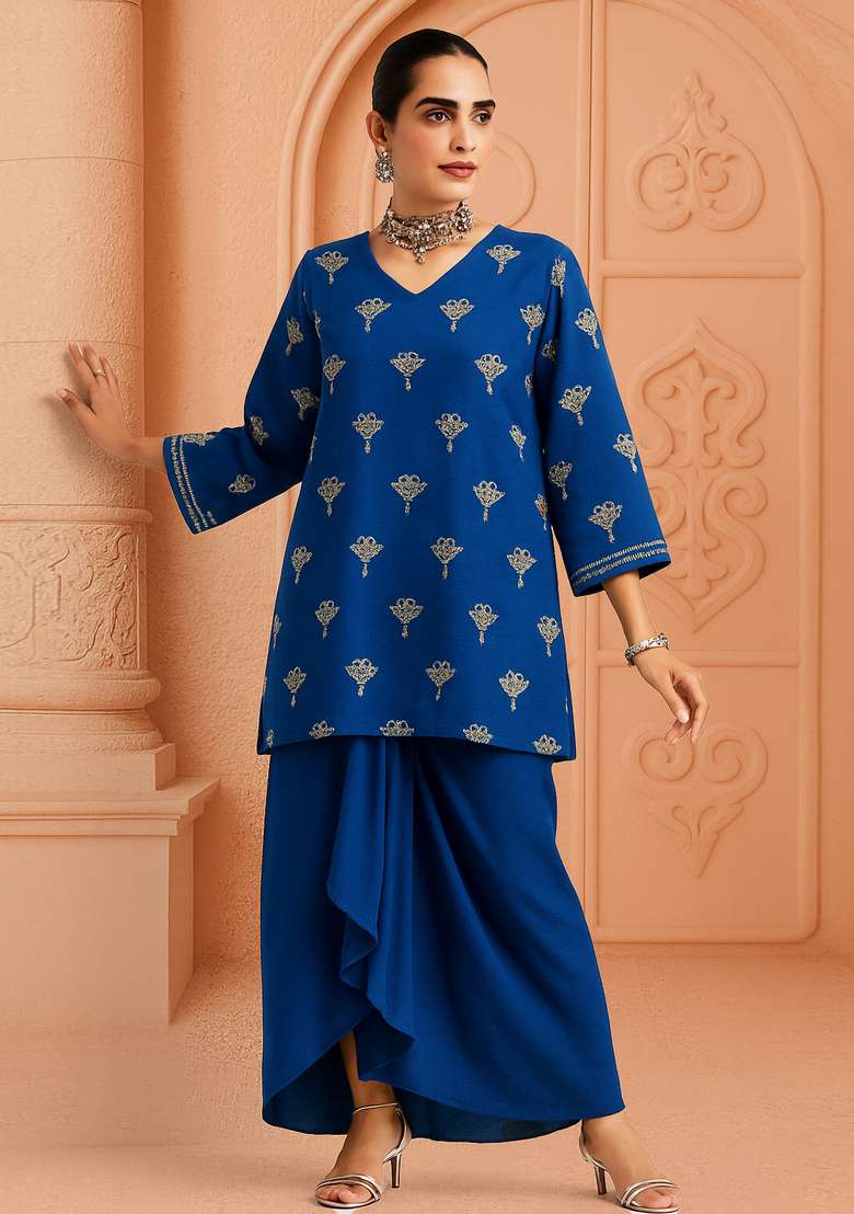 Navy Blue Embroidered Georgette Fusion Set - Indya