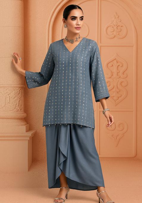 Blue Embroidered Georgette Kurta Set