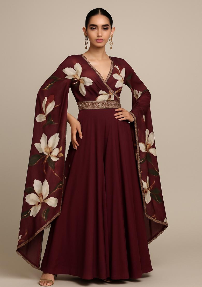 Brown Printed Georgette Anarkali Set