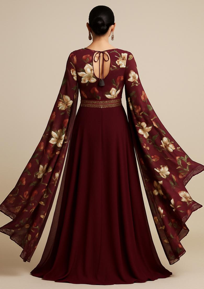 Brown Printed Georgette Anarkali Set