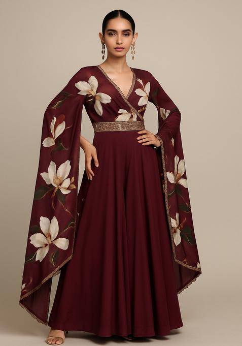 Brown Printed Georgette Anarkali Set