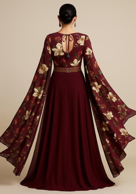 Brown Printed Georgette Anarkali Set