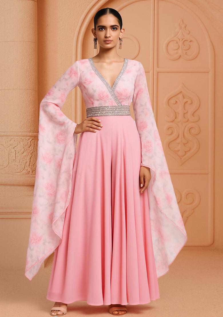Pink Printed Georgette Anarkali Set