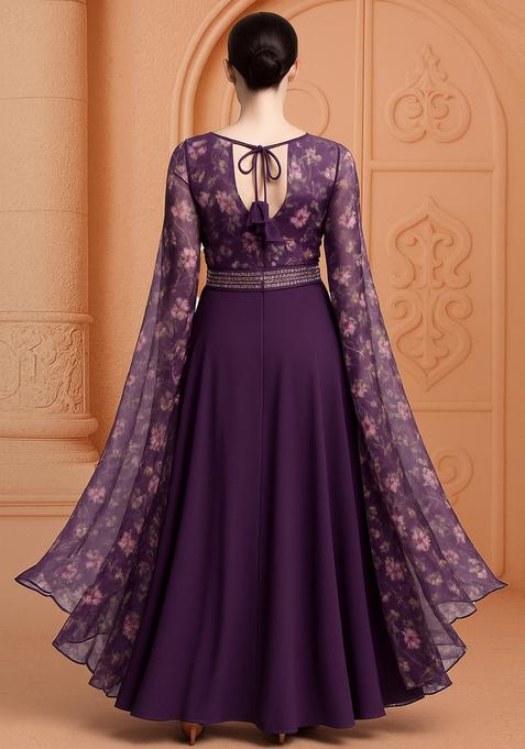 Purple Printed Georgette Anarkali Set