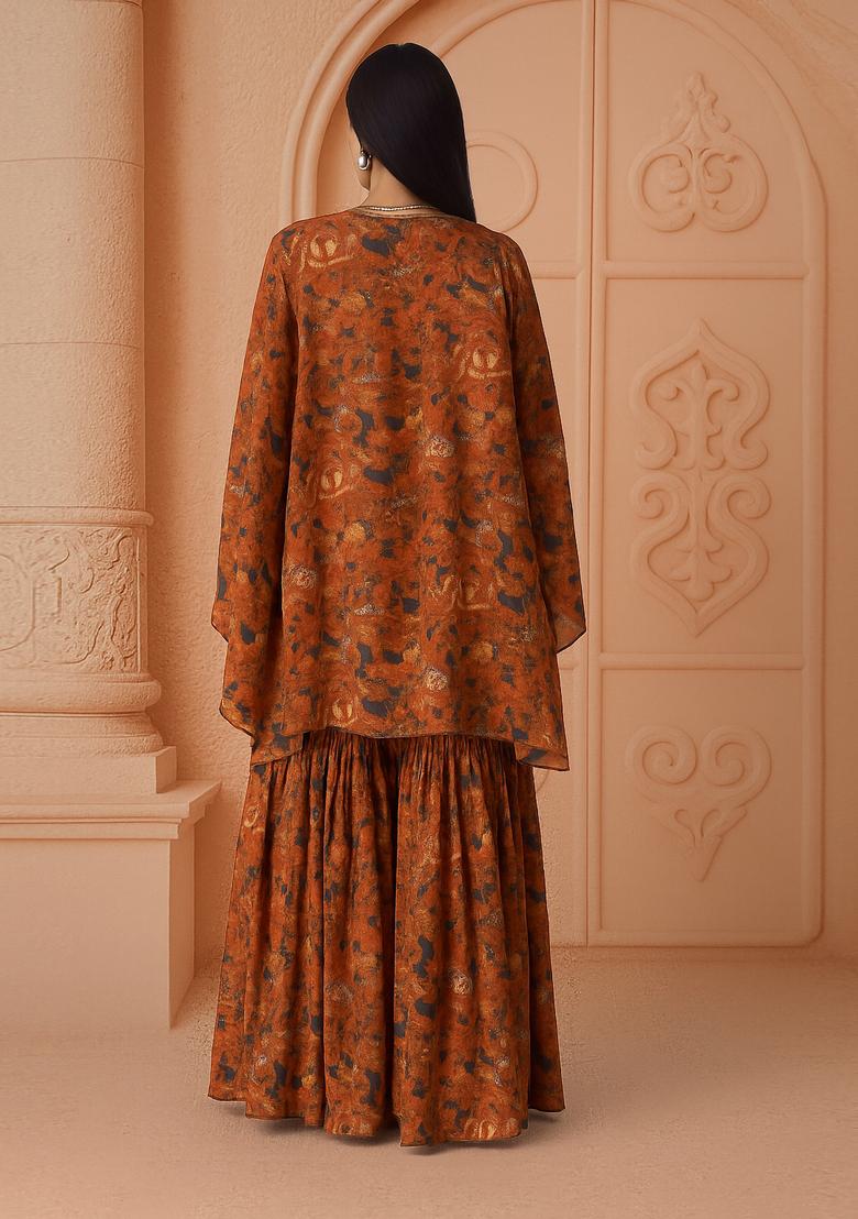 Brown Printed Crepe Sharara Set - Indya