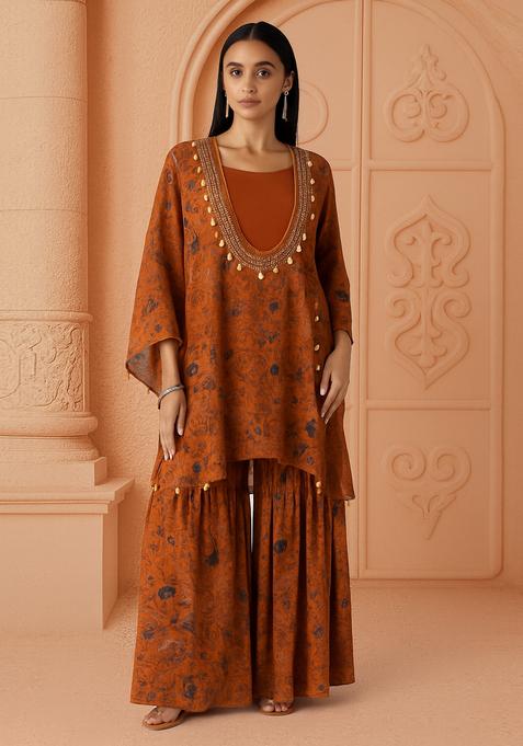 Brown Printed Crepe Sharara Set
