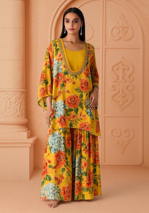 Yellow Printed Crepe Sharara Set