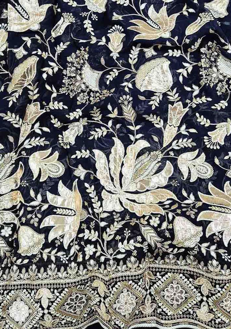 Navy Blue Embroidered Georgette Sharara Set - Indya