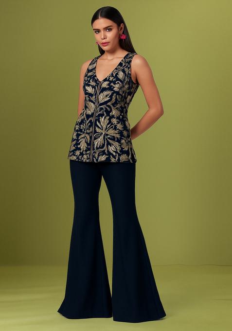 Navy Blue Embroidered Georgette Sharara Set