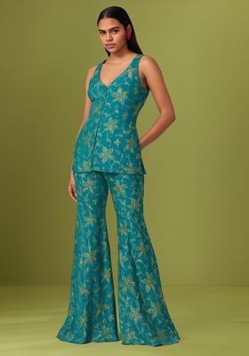 Blue Embroidered Georgette Sharara Set