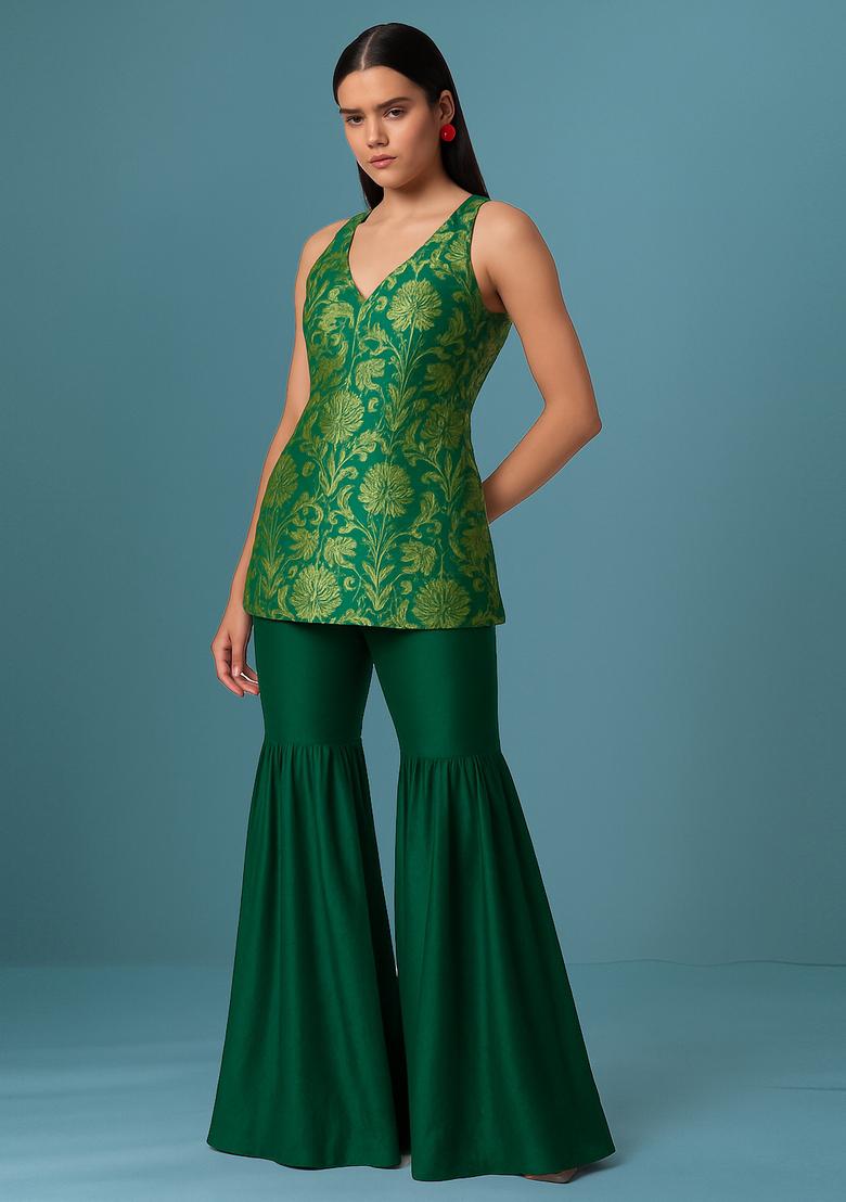 Green Embroidered Georgette Sharara Set