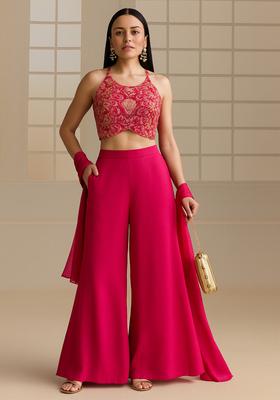 Rani Pink Embroidered Blouse Georgette Fusion Set