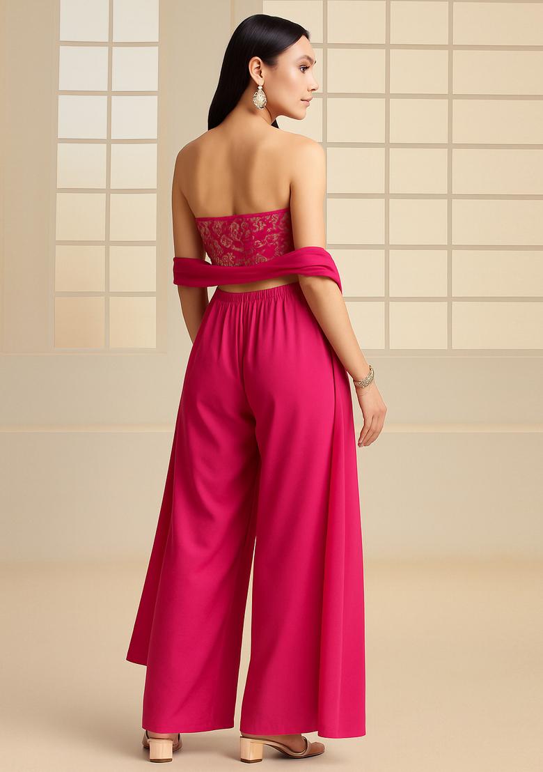 Rani Pink Embroidered Blouse Georgette Fusion Set - Indya