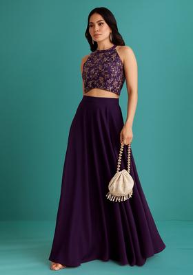 Purple Embroidered Blouse Georgette Lehenga Set