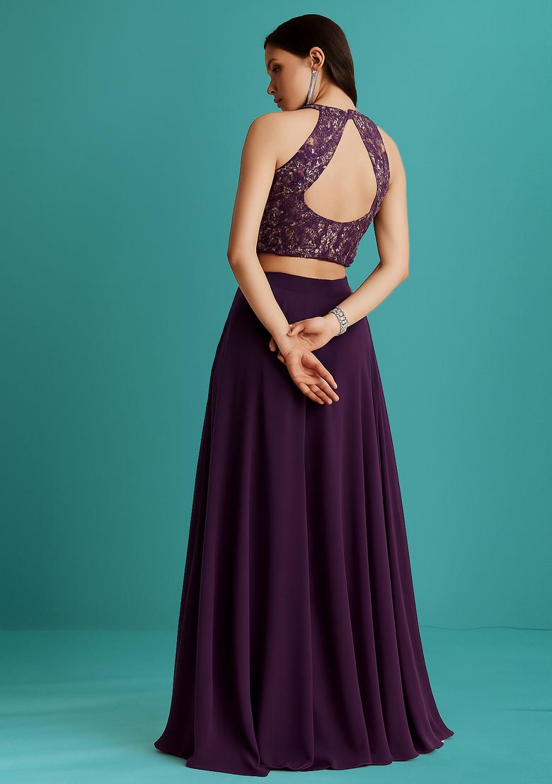 Purple Embroidered Blouse Georgette Lehenga Set - Indya
