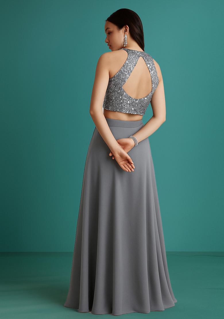 Grey Sequin Embellished Blouse Georgette Lehenga Set - Indya
