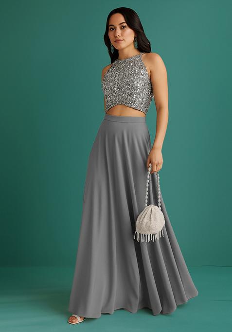 Grey Sequin Embellished Blouse Georgette Lehenga Set