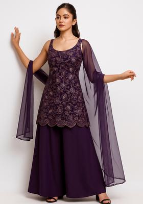 Purple Embroidered Net Sharara Set