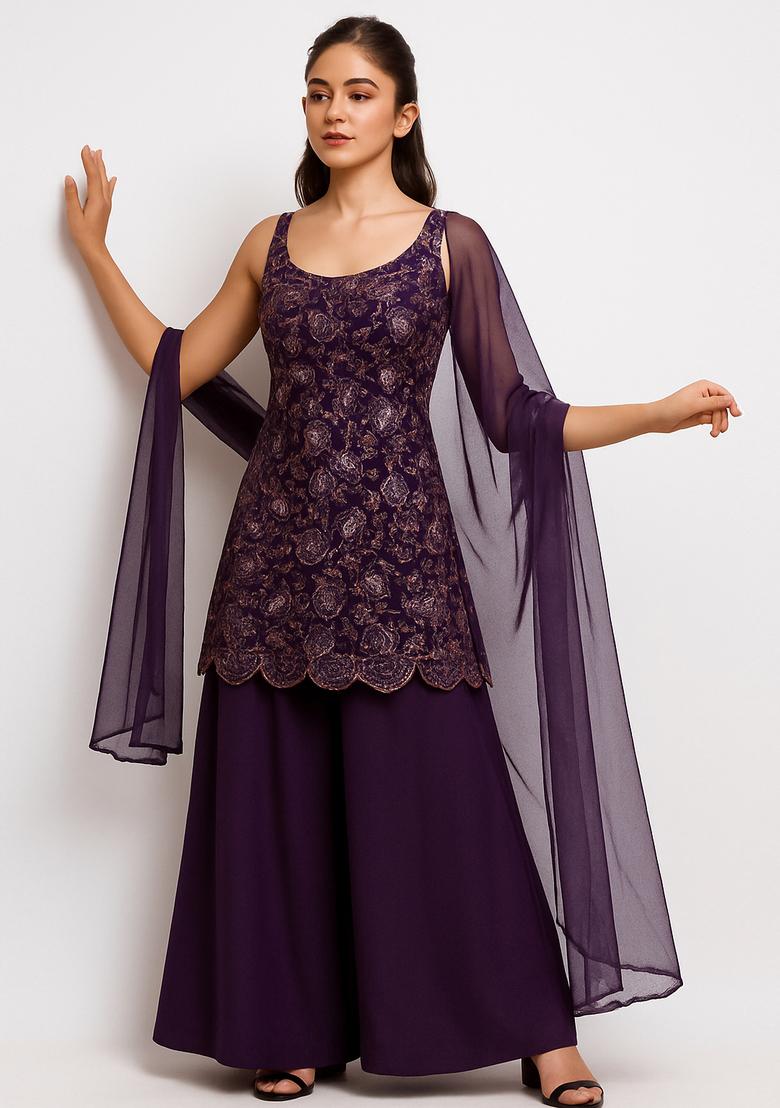 Purple Embroidered Net Sharara Set - Indya