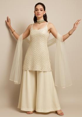 Cream Embroidered Georgette Sharara Set