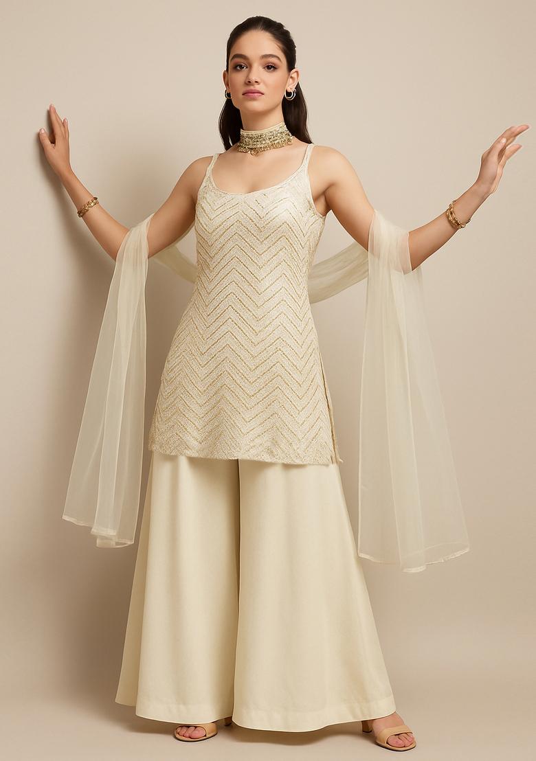 Cream Embroidered Georgette Sharara Set - Indya