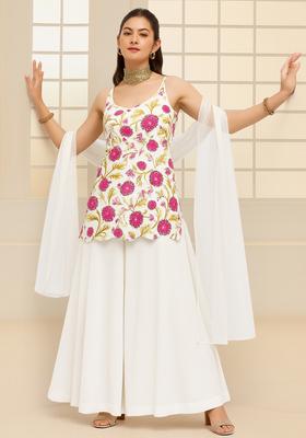 White Embroidered Silk Sharara Set